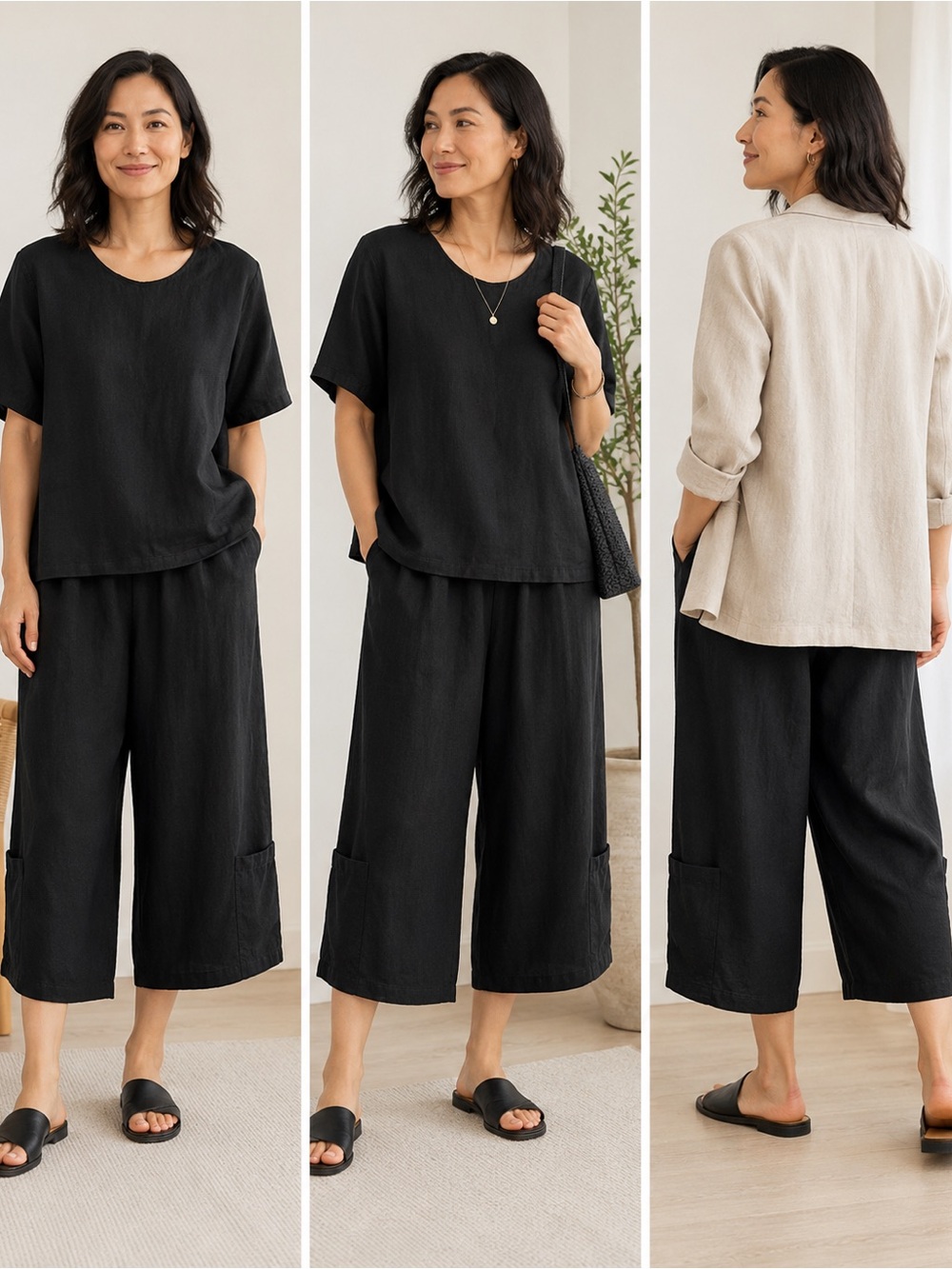Bryn Walker Crop Wide Leg Pants & Crop Top Linen Casbah Lagenlook Coastal Pocket